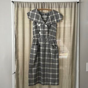 Vintage Black and White Check Wiggle Dress with Large Collar, Buttons, Pockets
